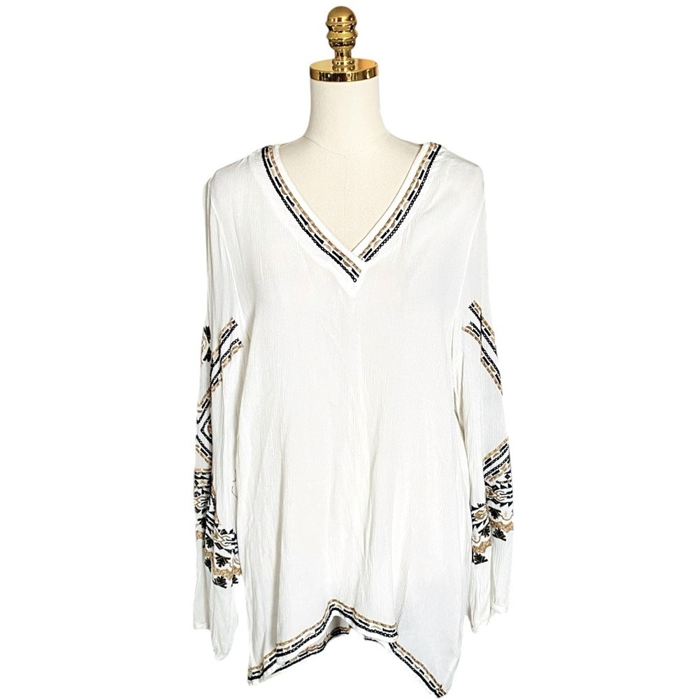 SOFT SURROUNDINGS | Bohemian Balloon Sleeve White Embroidered Tunic Blouse Sz L